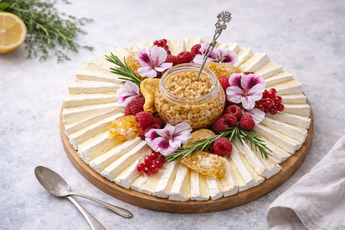 Brie-juusto kranssi hunajalla ja marjoilla